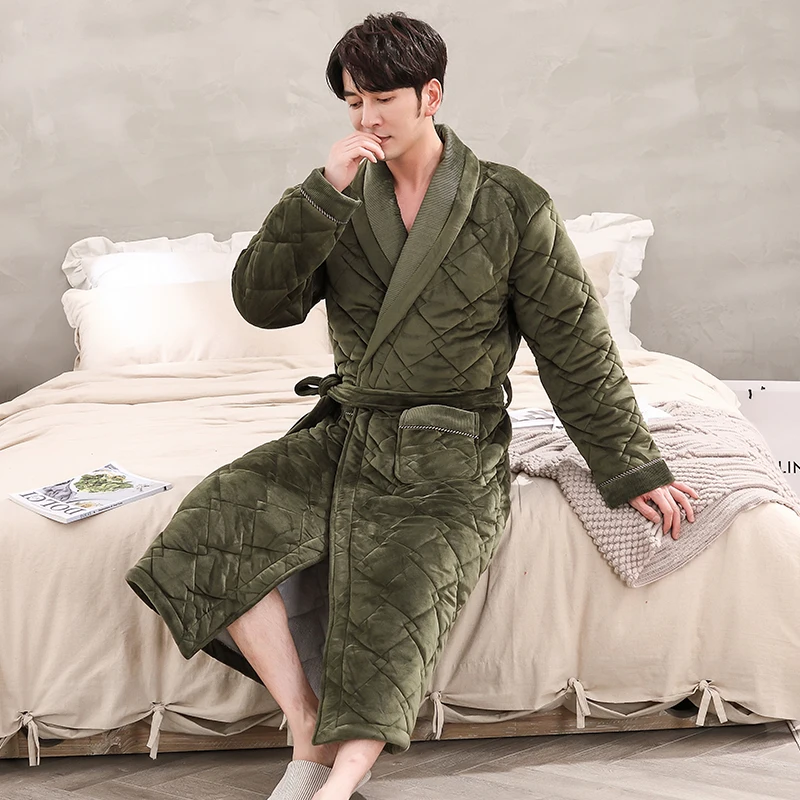 Men Casual Kimono Bathrobe Winter Three Layers Flannel Quilted Long Robe Thick Warm Sleepwear Big Yards Nightgown Male Home Wear