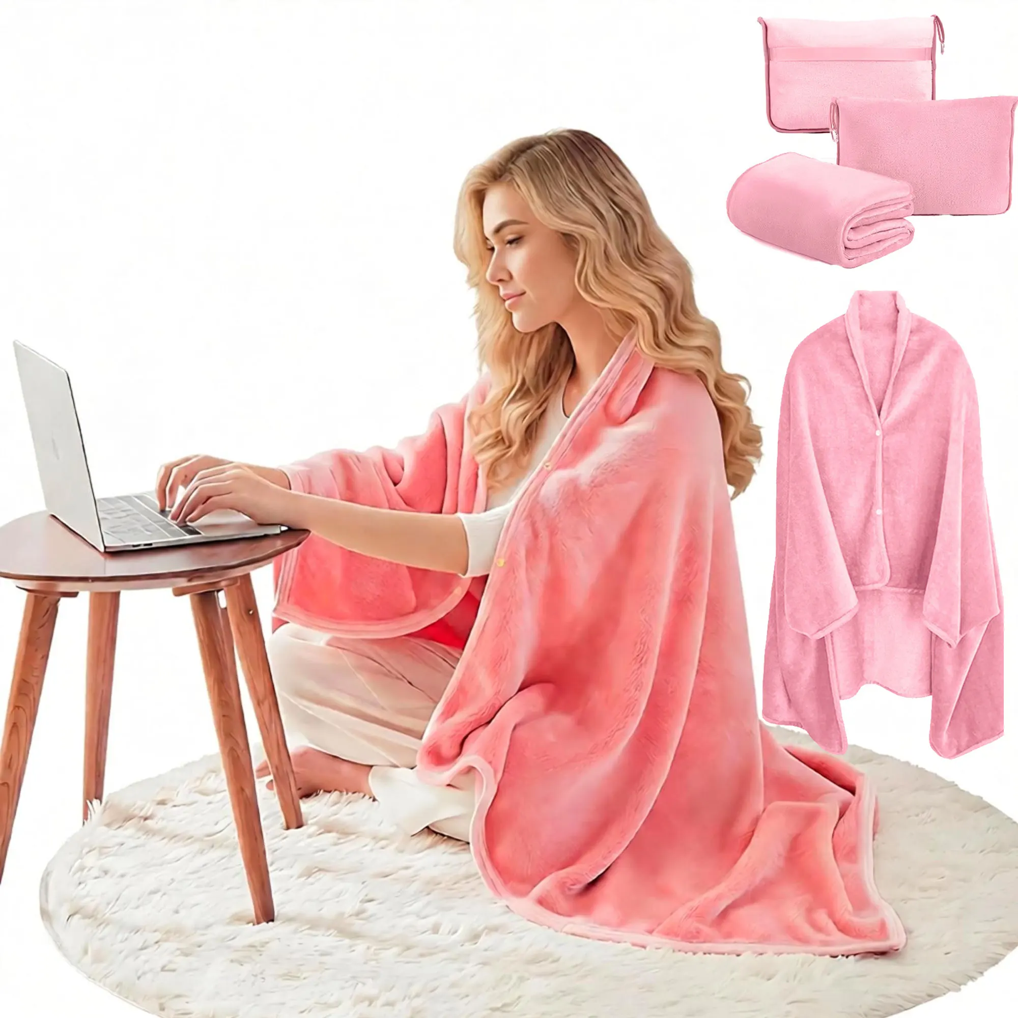 ‌Portable Nap Blanket Shawl Flannel Throw for Travel Home Office Break Air Blanket Snaps Auto‌ Flannel Throw Wrap Bath Towels