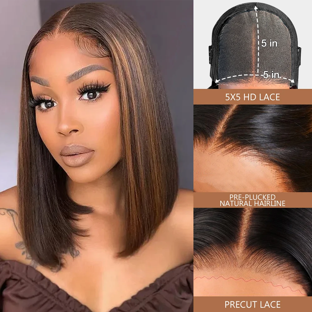 Glueless Wigs Human Hair Pre Plucked Pre Cut P1b/30 Straight Bob Wig Human Hair 5x5 Hd Lace Closure Wigs With Natural Hairline image 3