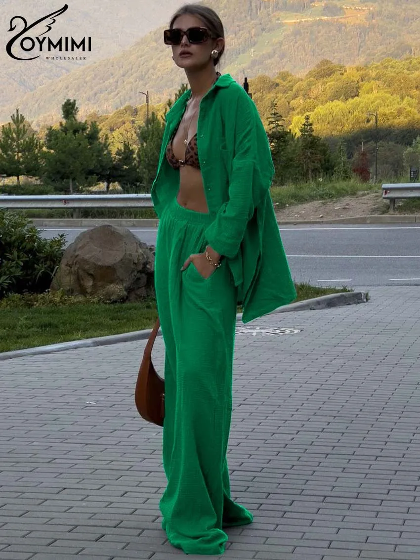 OYMIMI-Conjunto feminino 2 peças de algodão verde, roupa elegante, manga comprida, camisa de botão de bolso, calça reta de cintura alta, moda