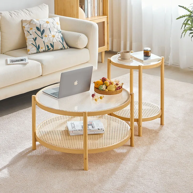 2023 Best-selling Simple Glass Small Tea Table Small Apartment Rattan Edge A Few Light Luxury Living Room Small Round Table