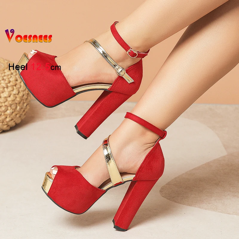 صنادل من جلد الغزال موضة اللمحة تو الصيف نموذج المنصة تظهر الأحذية 12.5 سنتيمتر سميكة عالية الكعب مصمم مشبك حزام الصنادل للنساء #5