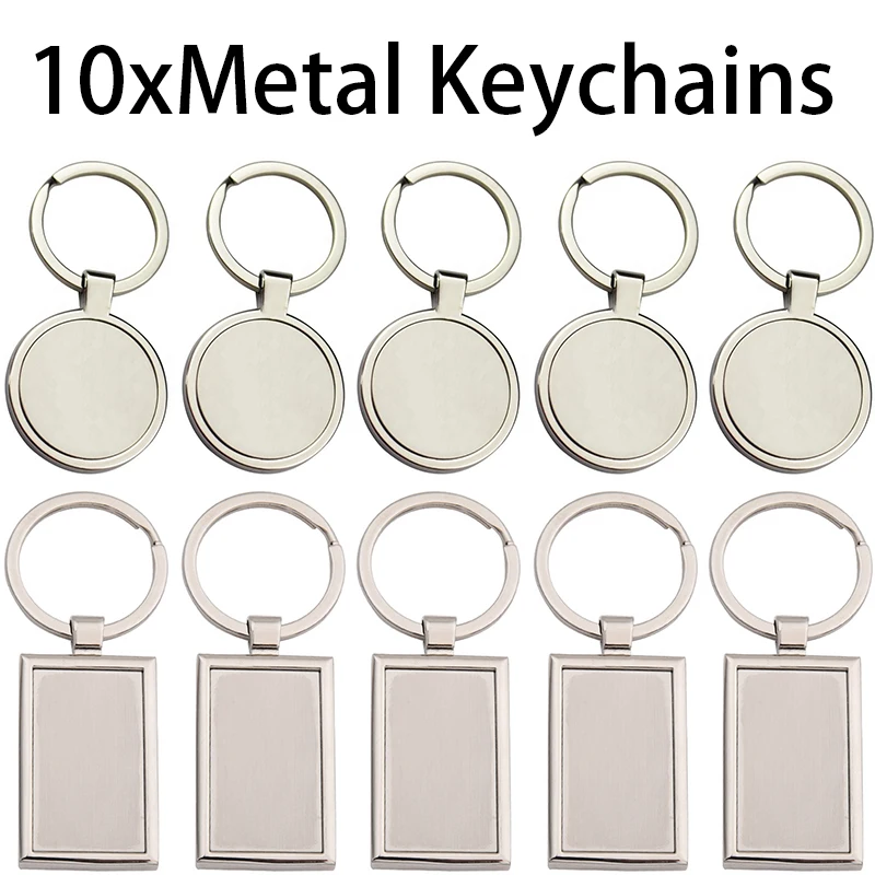 

10Pcs Round Alloy Silver Keyring Key Tag Practical Gifts Rectangle Blank Metal Keychains Wholesale