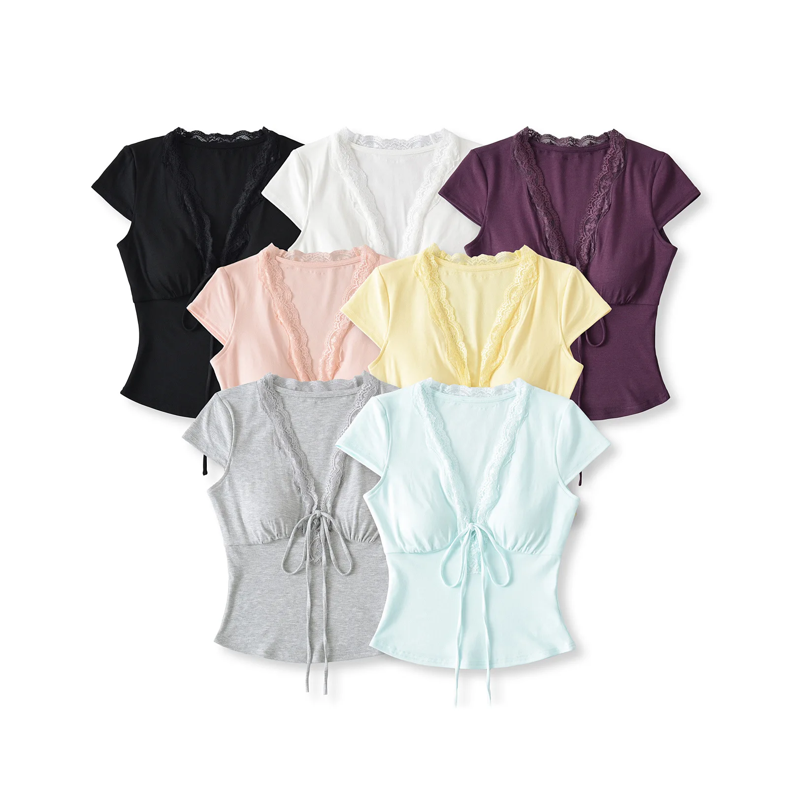 V-neck lace-up short-sleeve T-shirt with lace trim for women summer 2025 new style sexy and slimming top   DNUJ