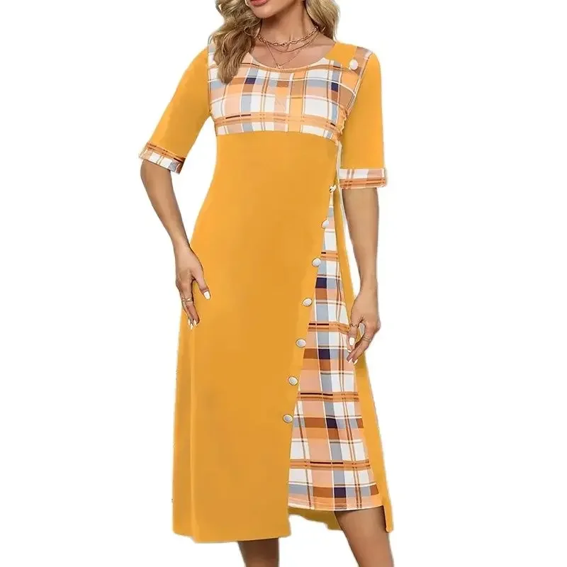 

Women New Commuter Half Sleeve Dress Plaid Print Patchwork O Neck Pullover Female Gown Side Single Row Button Decoration Dresses