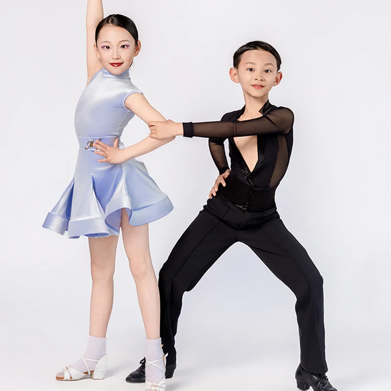 

Latin Dance Dress Competition Girls Velvet High Collar Dance Suit Kids Professional Dancing Stage Costume Tango Dancewear 3776