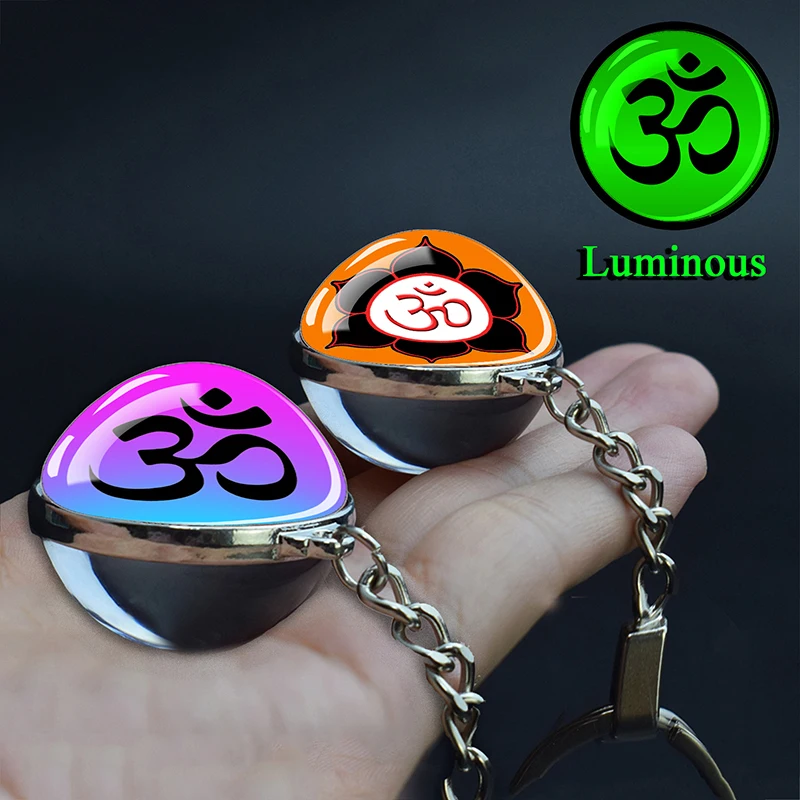 Esspoc 35mm Glass Ball Keychain Glowing in the Dark Om Flower Keychains Keyrings Indian Religious Jewelry Spirit Yoga Jewellery