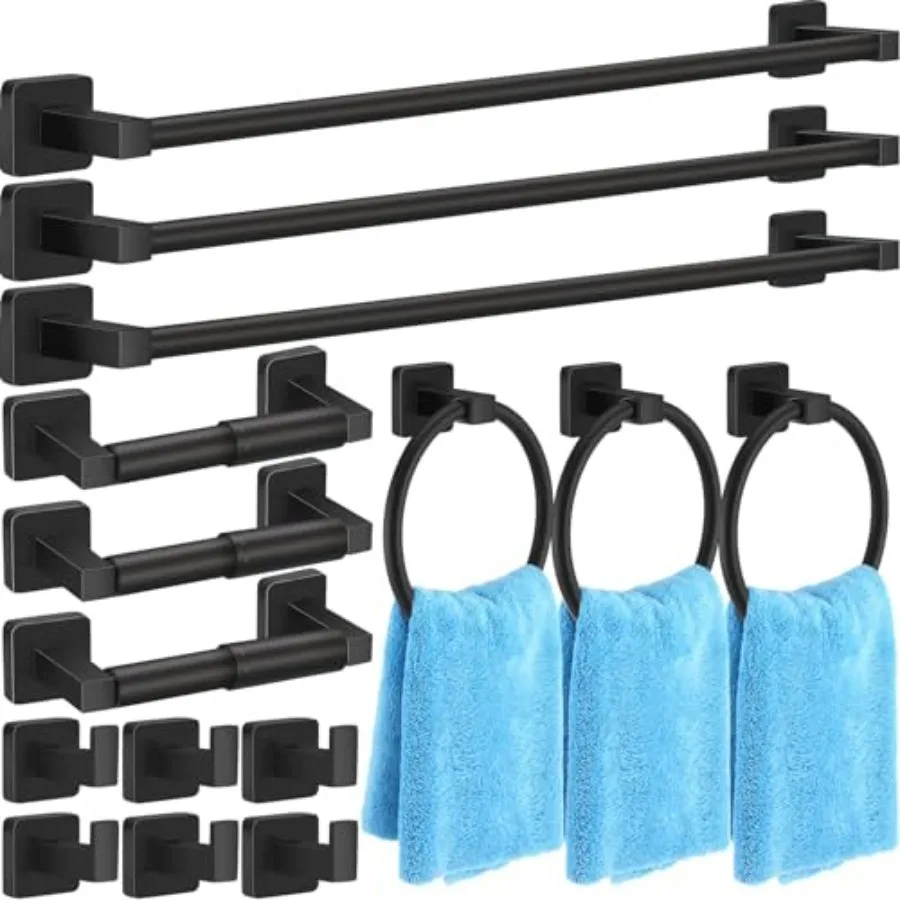 

Bathroom hardware set: matte black stainless steel, 15 pcs, wall-mounted, for towel bar 23.6/16 inches,ring, robe hooks, toilet