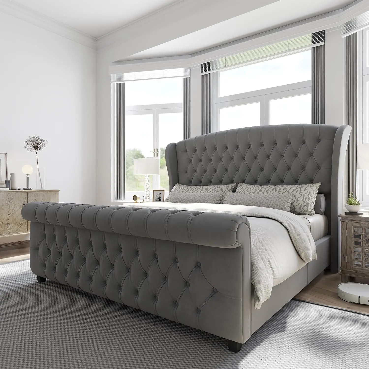King Size Upholstered Sleigh Platform Bed Frame with Headboard | Bed Frame with Wingback Headboard, Deep Button, Customized
