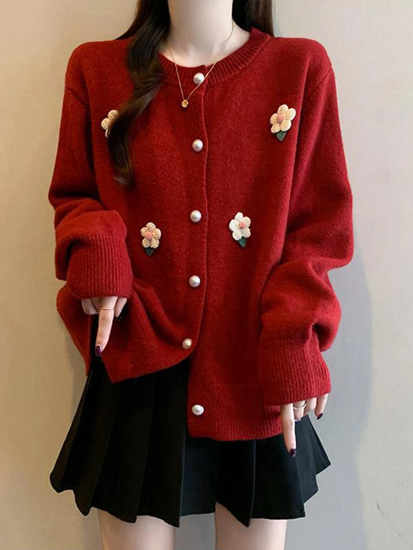 

Red 3D Flower Embroidery Knitted Open Cardigan Women's Autumn Winter plus Size Sli Anti-Aging Super Beautiful Sweater