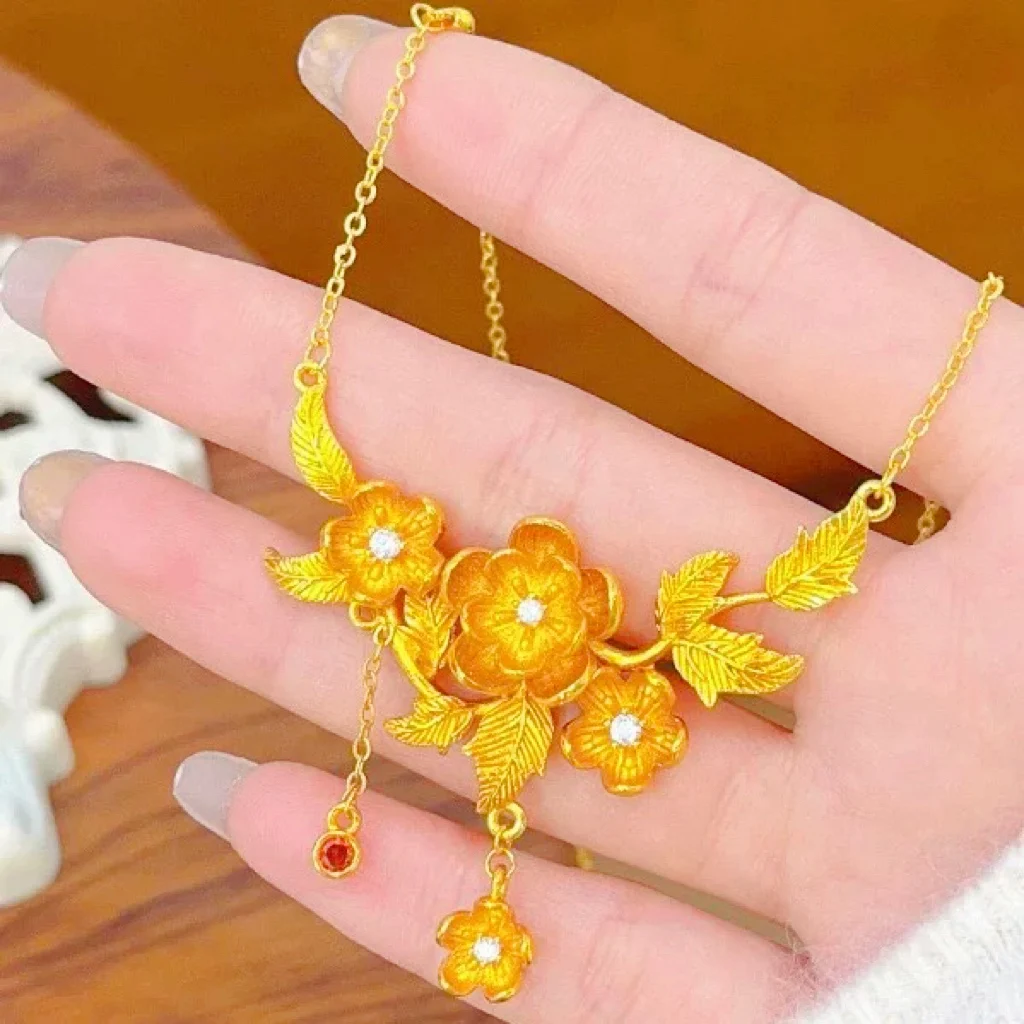 

Women's Diamond Pomegranate Tassel Necklace, 24K Gold, AU999 | Gradient enamel petals with hidden "Rhythm" engraving.