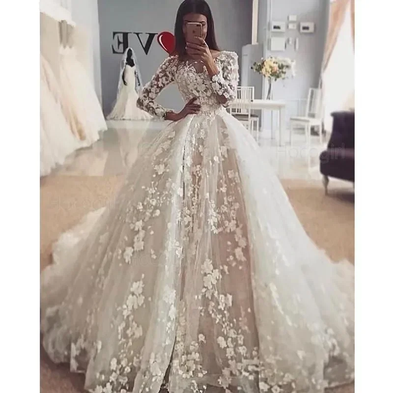 Vestidos de novia personalizados con cuello redondo y Apliques de encaje, Vestido de novia de estilo campestre de manga larga con tren de barrido