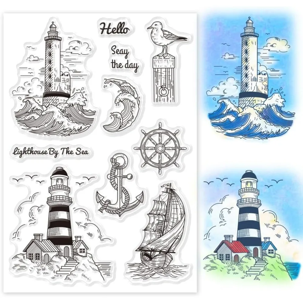 Ocean Lighthouse Clear Stamps Sailboat Seagull Silicone Clear Stamps with Anchor Compass Voyage Sailing Stamps for Card Making