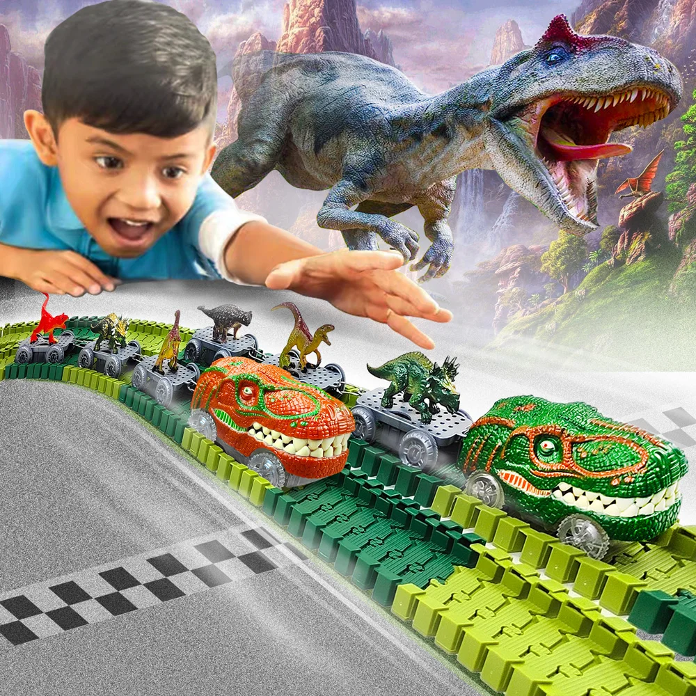 Dinosaur Toys-193pcs Dinosaur World Road Race-Flexible Track Playset Flexible Train Car for Kids Christmas Birthdays Gifts