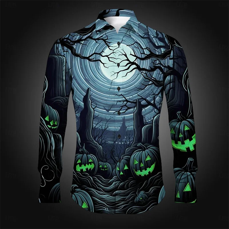 Halloween Pumpkin Ghost Face Horror Men\'s Shirt Button Lapel Shirt Long Sleeve Party Evening Autumn Shirt 3D Printing Thin 6XL