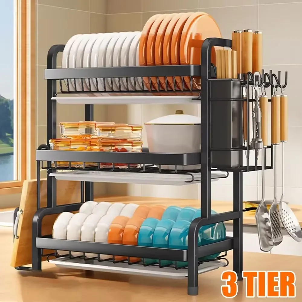 

Customizable 3-tier Dish Drying Drainer Rack, Multifunctional Rustproof Countertop Metal Single Dish Storage Rack