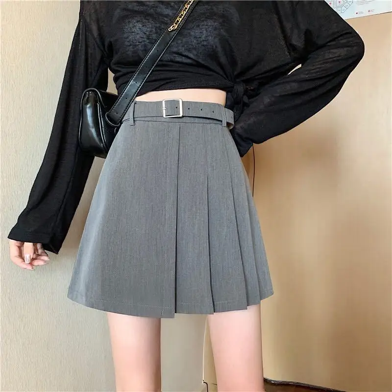 Casual Pleated Skirts for Women Spring Summer Preppy Style High Waist Slim Mini Skirts for Female Gray Black Skirts with Sashes