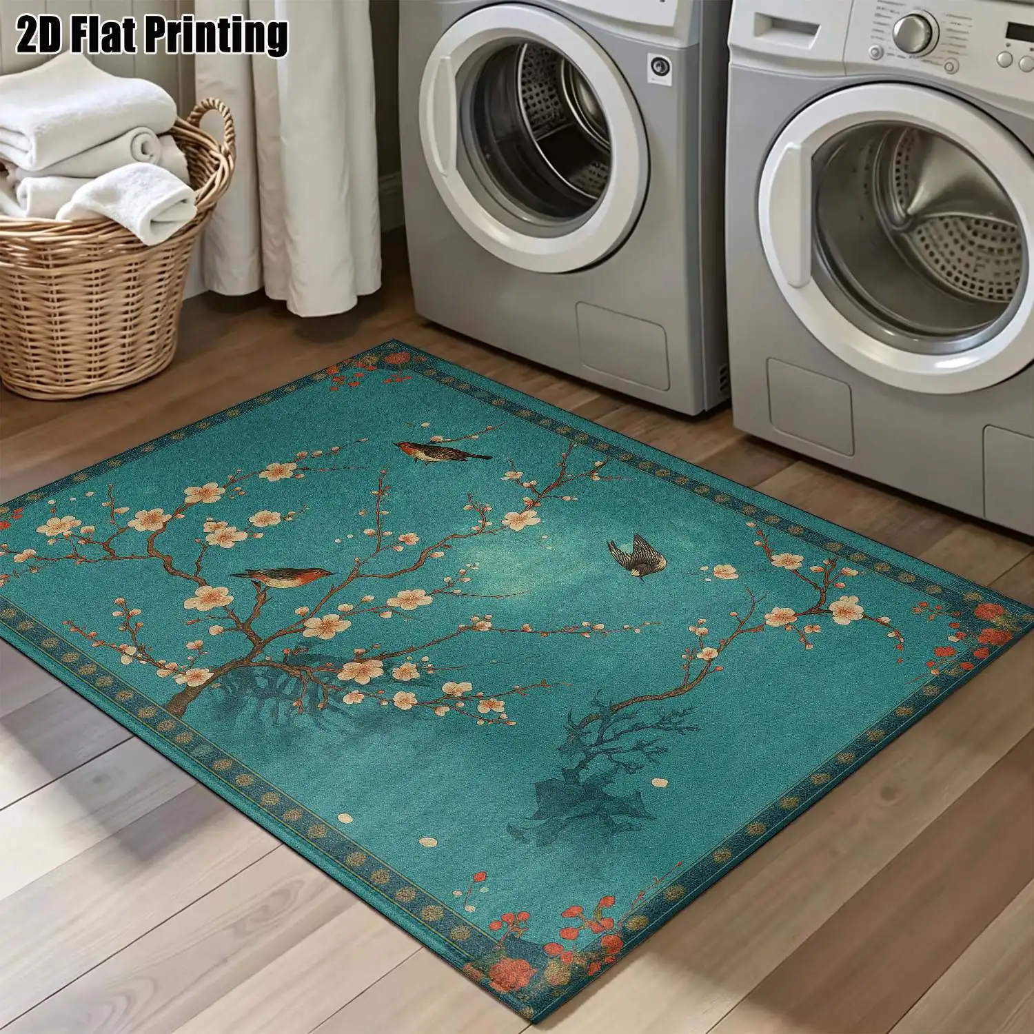 1Pc 2D Printed Carpet: Green Base, Floral&Bird Patterns, Vintage/European/Bohemian/Geometric Striped Styles Multi-Size, Machine Washable, Ideal for Entryway/Dining Room/Foyer/Bedroom/Study as a Mat/Carpet for Home Decor.