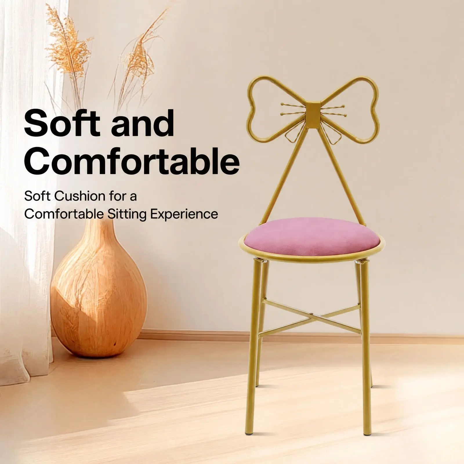 Pink Butterfly Backrest Vanity Chair Gold Plastic Sprayed Iron Frame 100kg Load Anti-slip Feet Girly Makeup Stool view 6