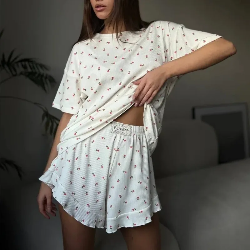 

Cute Comfortable Soft Fashion Summer Pajams Set Shorts Breathable Short Sleeve Women Dressing Gown