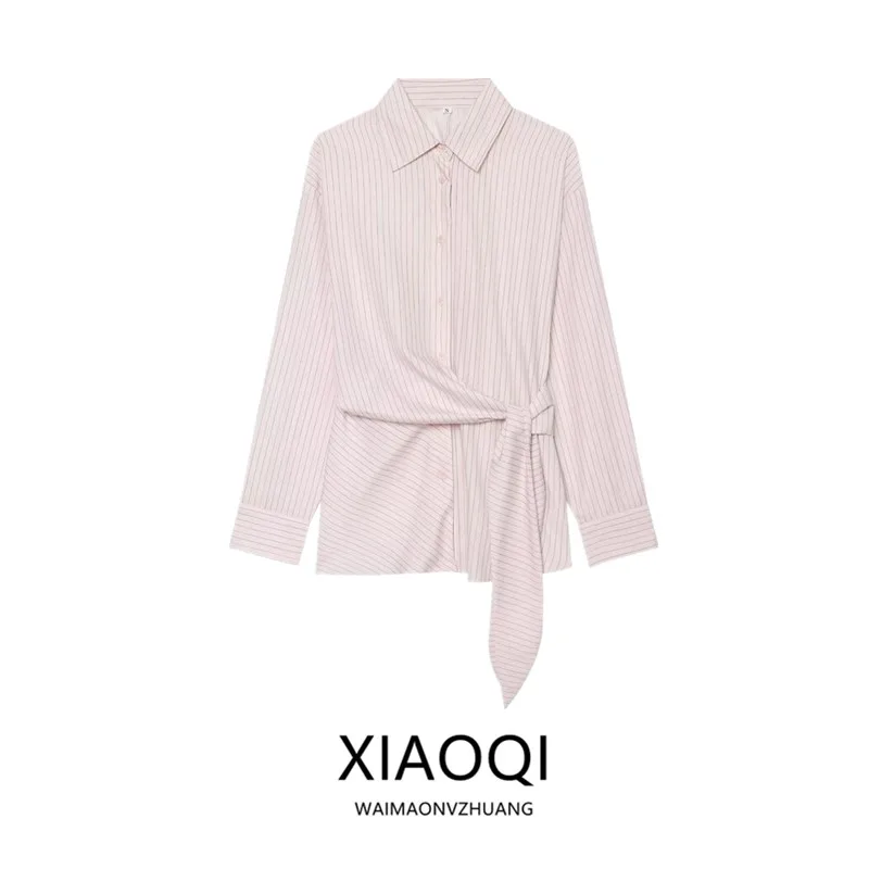 Fall 2026 Women's Printed Shirt Micro Transparent Side Bow Tie Loose Fit Long Sleeve Commute Style Fashion Ladies' Premium Cl...