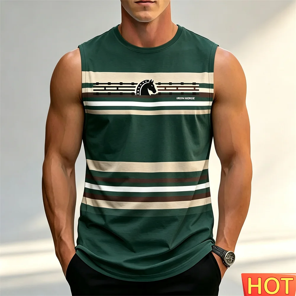 Men's striped casual sleeveless T-shirt Summer Horse patternT-shirt round neck men's T-shirt Breathable men's t-shirts tank tops