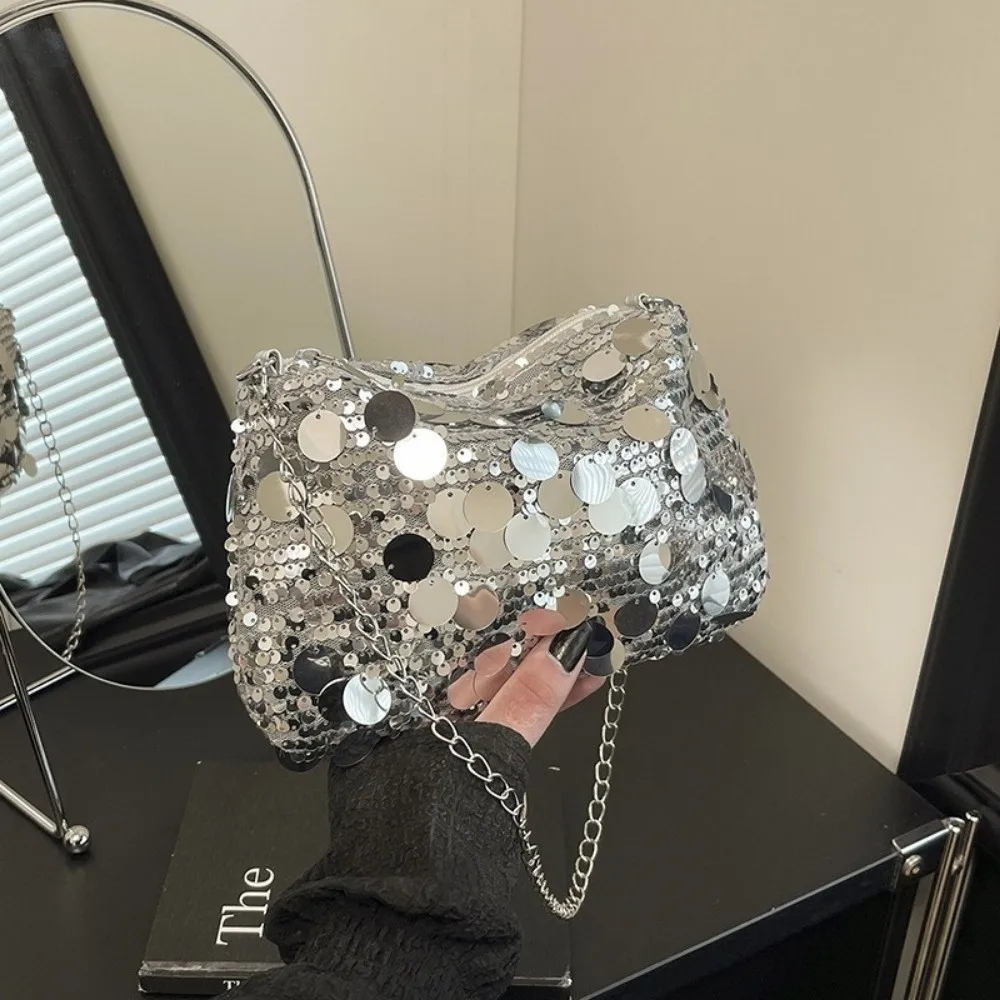 Portable Sequin Shoulder Bag Lightweight Large Capacity Chain Crossbody Bag Solid Color Female Handbag for Evening Party