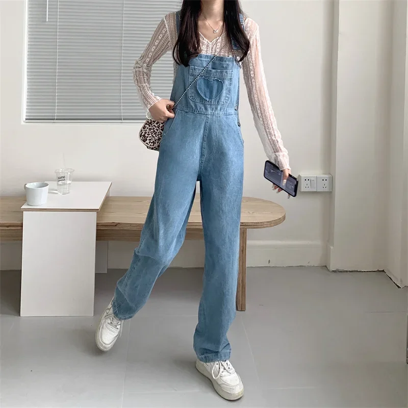 데님 오버올 여성 신상 레트로 디자인 하트 와이드 레그 팬츠 패션 하이웨이스트 루즈핏 진 점프수트