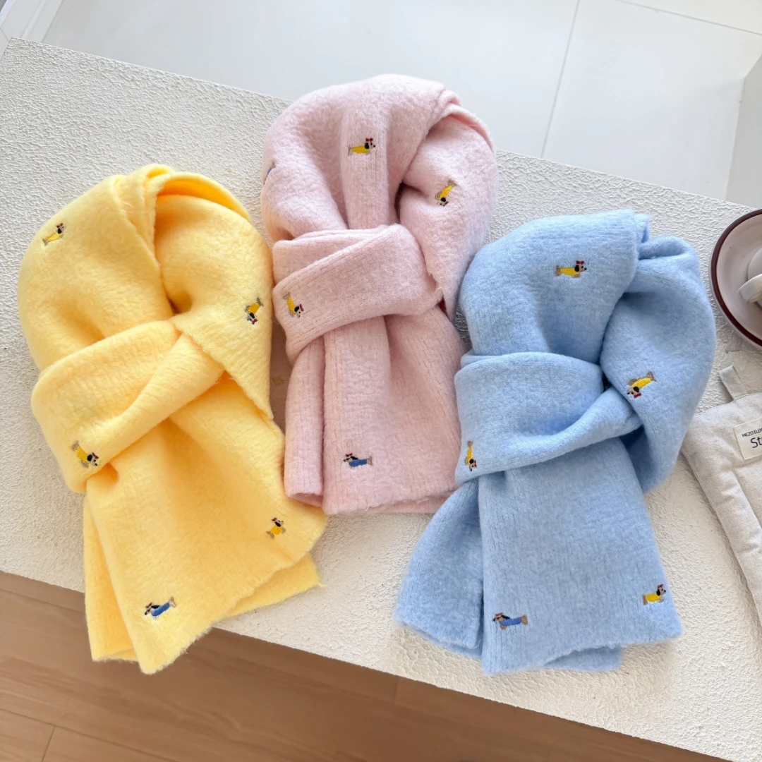 Cute Embroidery Dachshund Dog Scarf Women Soft Warm Wool Feeling Shawl Solid Neckerchief Fashion Lady Daily Neck Wrap Gifts