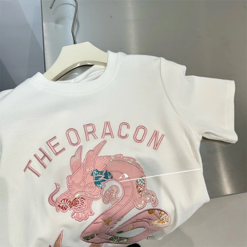 New Chinese Style Heavy Embroidery Sequin Dragon Year Short Sleeve T-Shirt Women Summer Loose Base Shirt Top Korean Style Cotton view 3