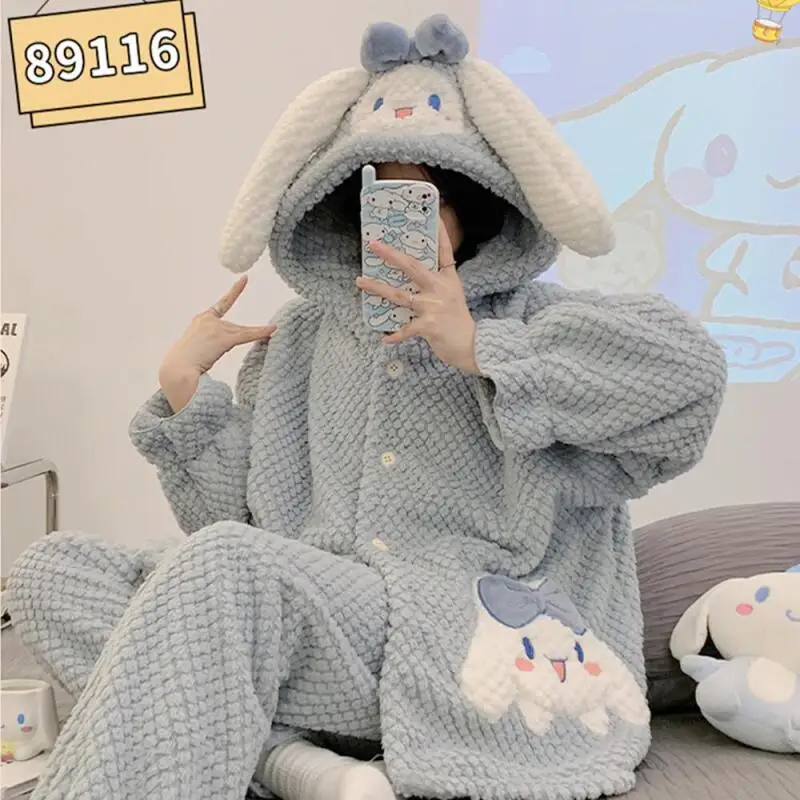 

Anime Cinnamoroll Coral Fleece Thicken Homewear Suit Kawaii Pochacco Women Plush Warm Pajamas Set Cartoon Girls Cute Nightgown