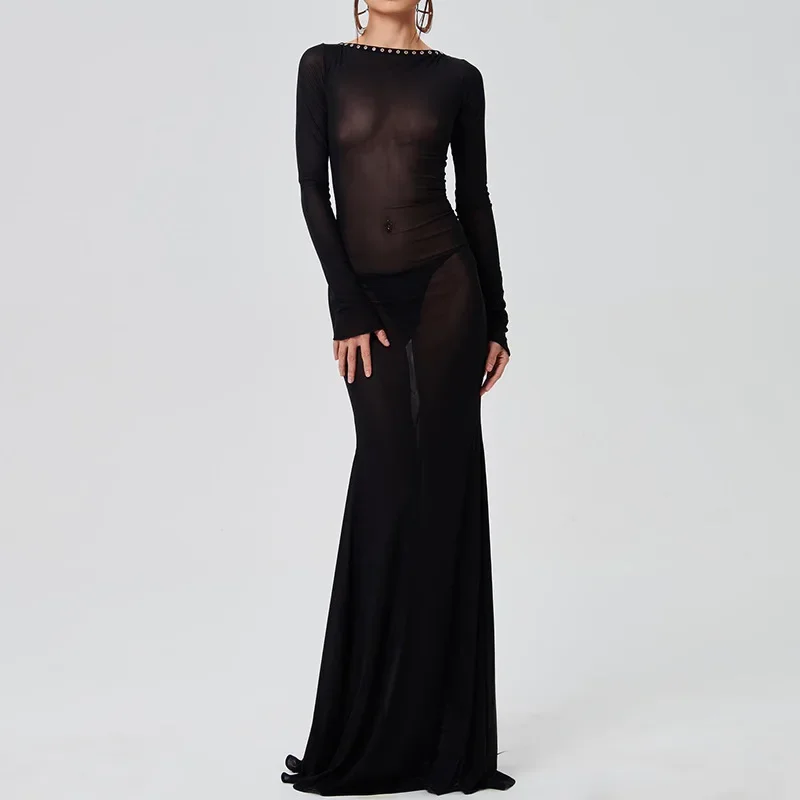 See Through Sheer Sexy Slim Bodycon Maxi Dress 2023 Mesh Black Long Sleeve Backless Summer Women Beach Nightclub Outfit