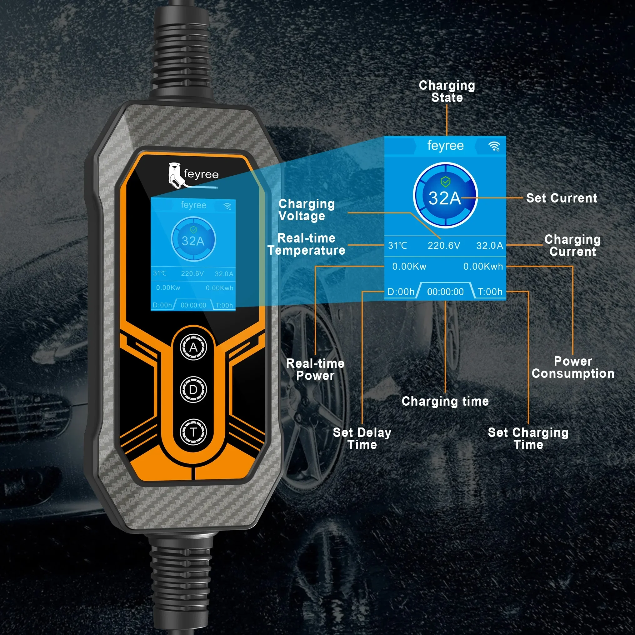 Feyree Carregador EV portátil Type2 32A 7KW EVSE Wi-Fi APP Controle Corrente ajustável Carregamento de temporização inteligente para uso doméstico e