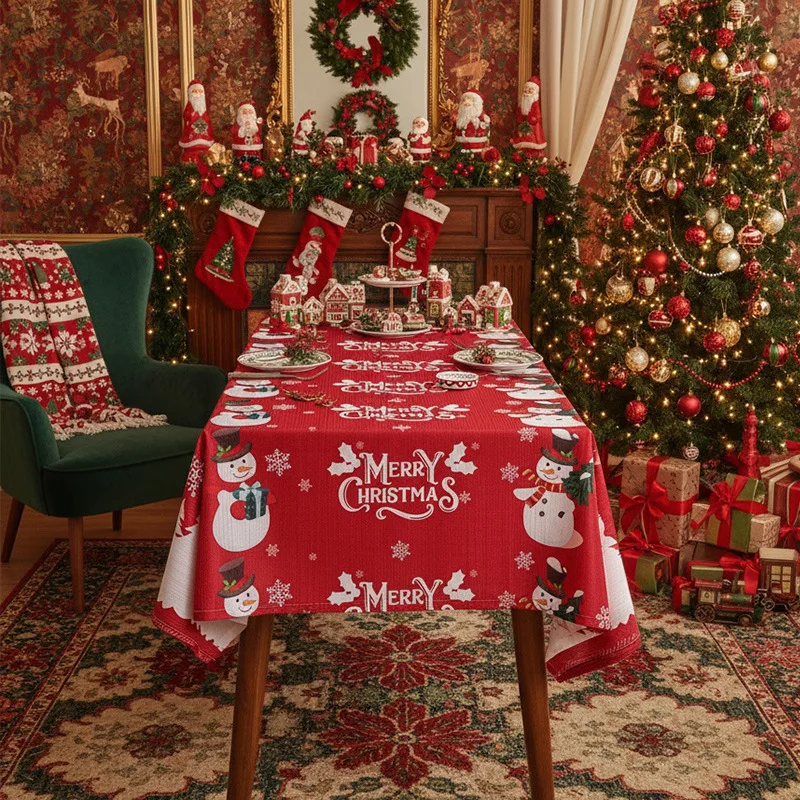 

Red Christmas Rectangle Tablecloth, Printed Xmas Tree & Snowman Pattern,Decorative Holiday Table Covers for Kitchen Party Dining