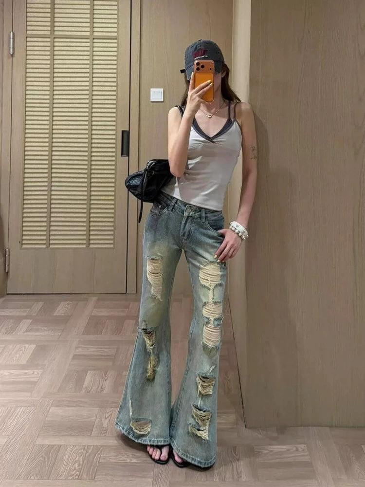 Jeans Vintage Ripped Flared Womens Autumn Washed Draped Low Rise Slimming Bell Retro Slouchy Loose Baggy Trousers Street