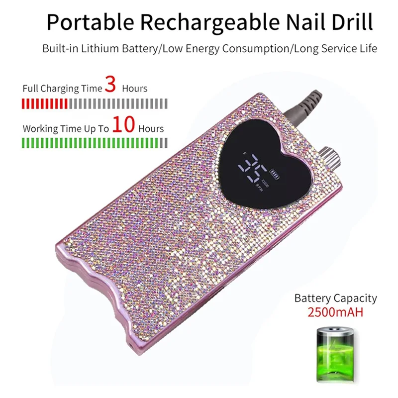 ABUU-Electric Nail Drill With Rhinestone Rechargeable Nail File 35000 RPM Heart Shape Wireless Pedicure Grinder EU PLUG