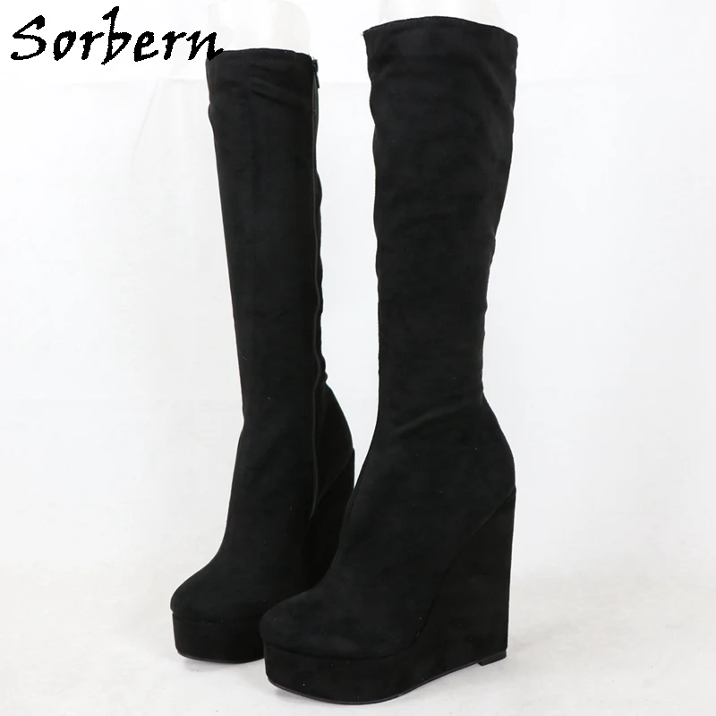 

Sorbern Black Faux Suede Knee High Boots Women 17cm Narrow Heel Back Wedge Visible Platform Round Toe Shoes Full Zipper Custom