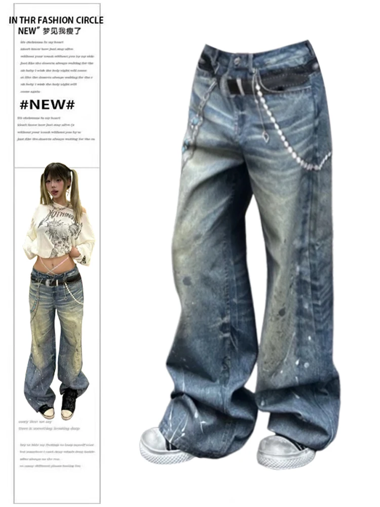 

2025 Autumn Winter Women's Denim Pants Men Y2K Streetwear Baggy Graffiti Jean Japanese Wide Fit Cowboy Harajuku Boyfriend Grunge