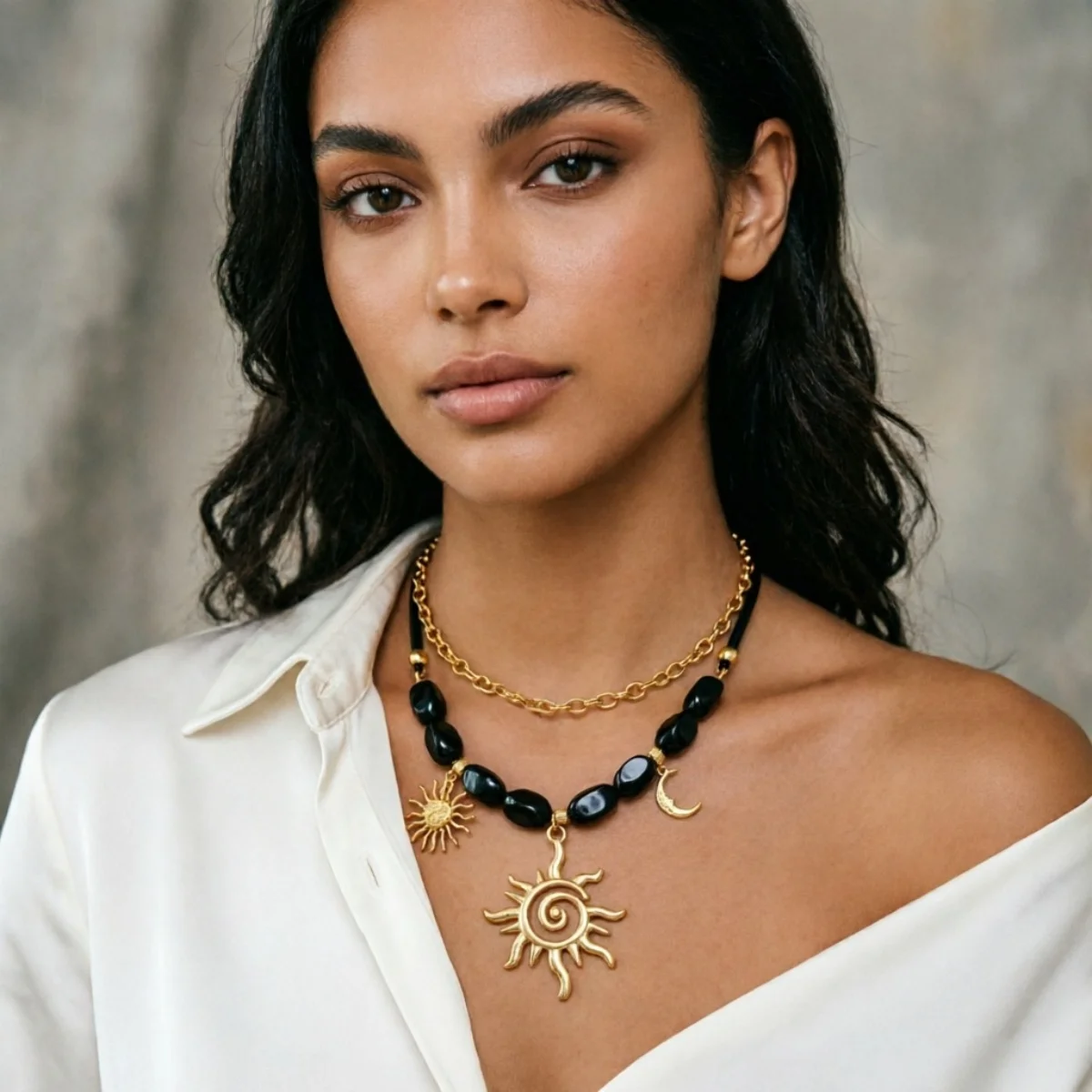Doppelschichtige Unregelmäßige Schwarze Harzperlen Spiral-Sonne-Mond-Anhänger Halskette für Frauen und Männer Ethnischer Stil Sonnenblumen-Choker Schmuck – Detail 19