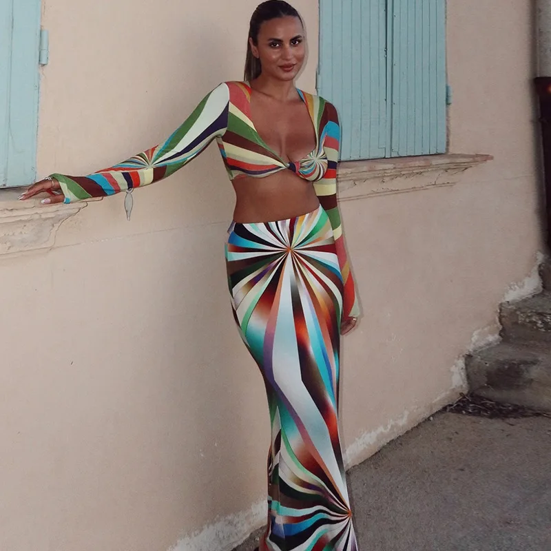 Color Block Printed 2 Piece Women Set Wrap Long Sleeve Crop Top High Waist Long Skirt Set Beach Party Holiday Matching Set