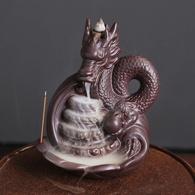 

Lucky Dragon Ceramic Handicraft Home Ornaments Waterfall Backflow Incense Stick Holder Purple Clay Censer
