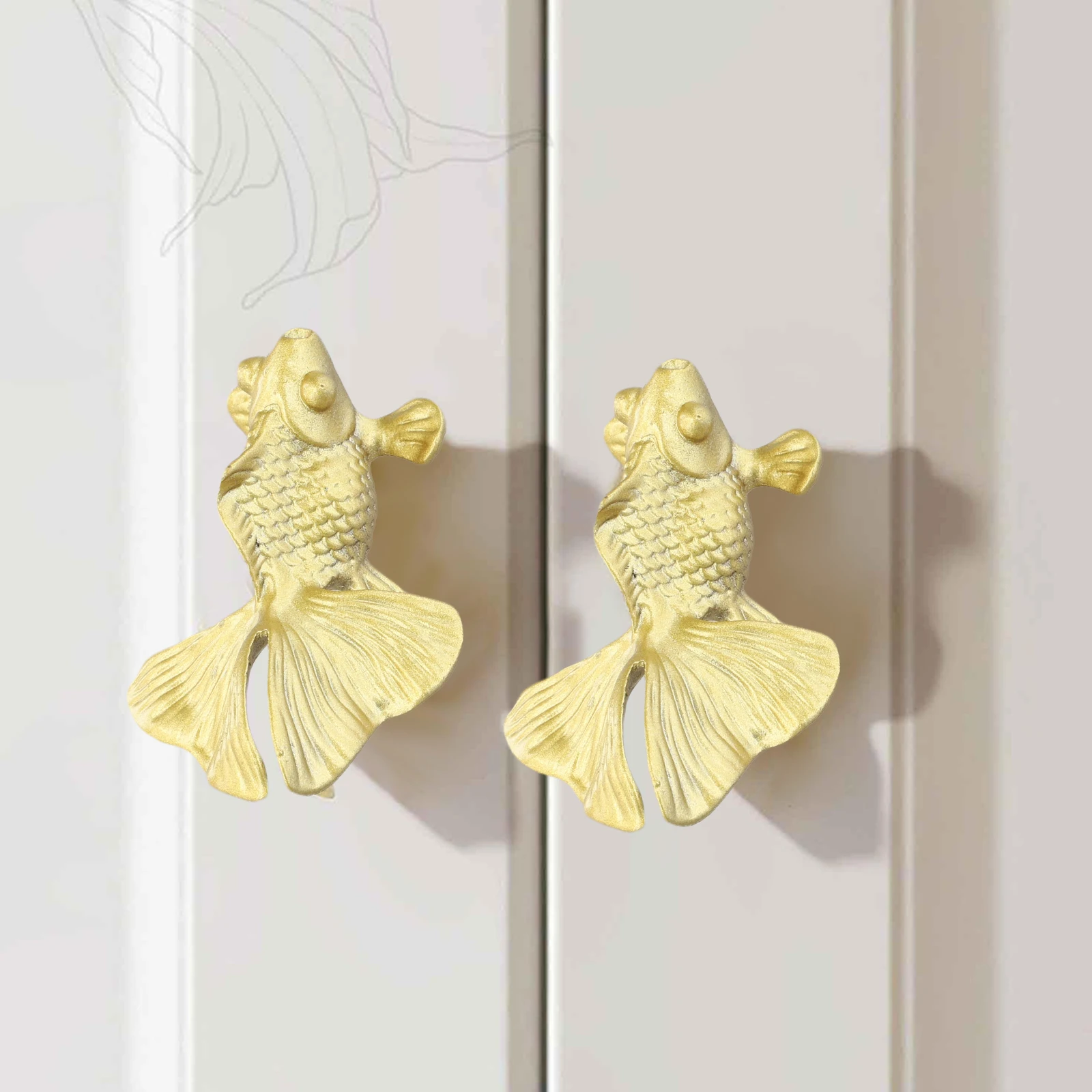 Perillas Retro de latón macizo con forma de pez dorado, tiradores de puertas, tiradores de cajón de armario, herrajes para el hogar de un solo orificio