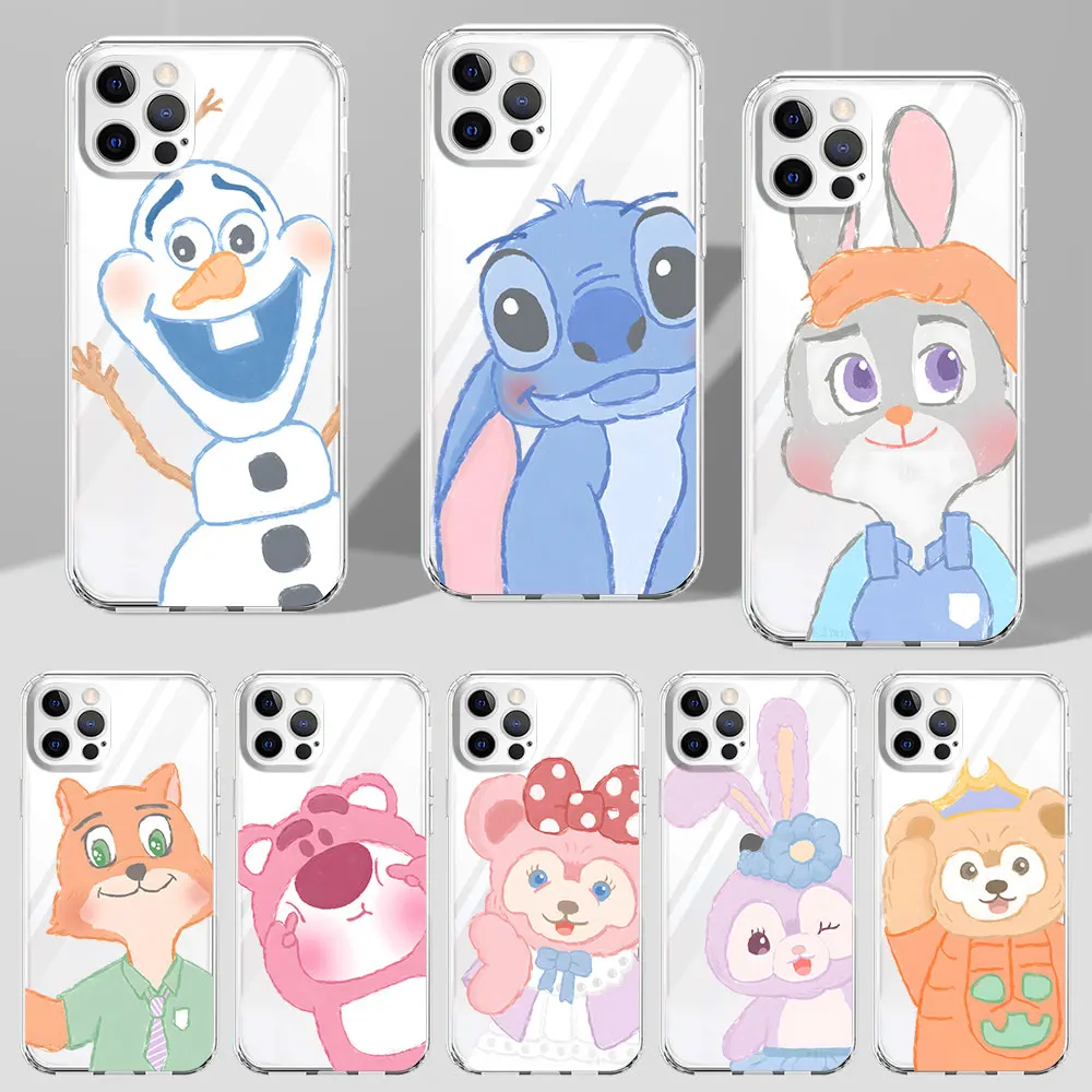 Stitch Olaf Disney Characters Case for iPhone 11 15 Plus 13 12 Mini 7 8 X XS XR 14 Pro Max Transparent TPU Soft Phone Cover