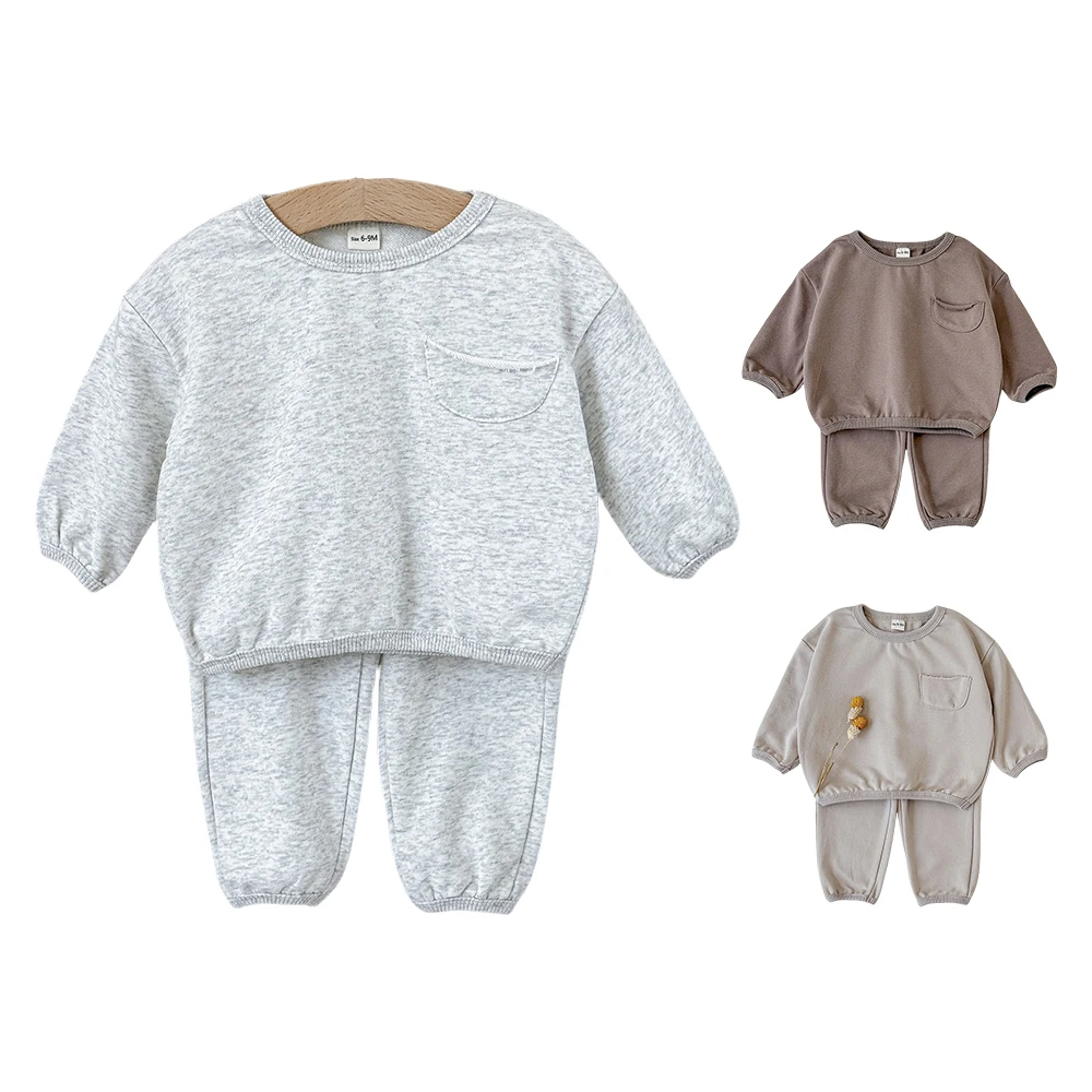 

2025 Unisex Baby Sweatshirt Set Neutral Toddler Outfit Soft Ribbed Cuffs & Pocket Fall Winter Kids Boys Girls Sets