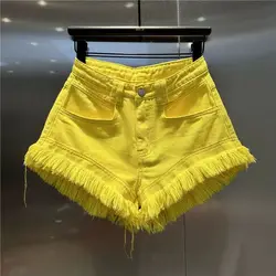 2026 Yellow High Waisted Straight Tube Loose Tassel Edge Denim Shorts for Women Hot Pants Summer New Spicy Girl