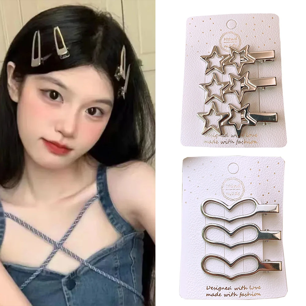 3Pcs Girl Y2k Hair pins Silver Metal Duckbill Clip Women Hair Clips Side Bangs Female Ladies Barrettes Hair Accessories