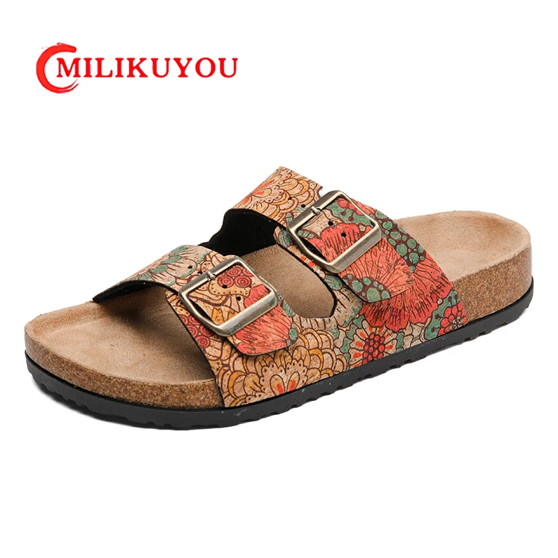 Women Sandals Printing Leather Mules 2024 Summer Female Retro Style Slippers Beach Casual Shoes Cork Bottom Non-slip Luxury Shoe