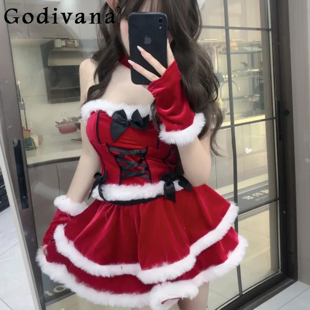 

Christmas Costume Cute Sexy Golden Velvet Red Anime Cosplay Bunny Tube Top Dress Christmas Maid Outfit