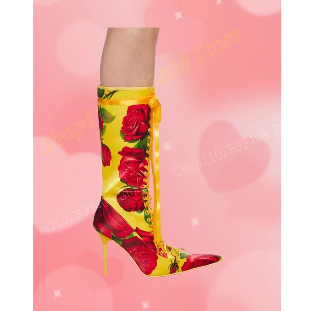 Yellow Rose Flowers Print Mid Calf Boots Butterfly Knot Pointed Toe Front Lace-up Fashion Sexy Women Shoes 2024 New Para Mujere