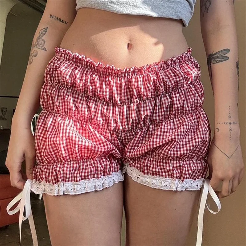 

Y2K Vintage Lace Trim Tie Up Pants Plaid Bloomers Fairy Grunge Ruched Elastic Shorts 2000s Retro Knickers Bottom Women Outfits